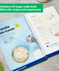 Open recipe book from Science Of Cooking Ice Cream Kit For Kids: DIY Hands On Kitchen Chemistry Project To Learn Real Ice Cream And Sorbet With Everyday Kitchen Ingredients, A Fun STEM Gift For Ages 5 Plus