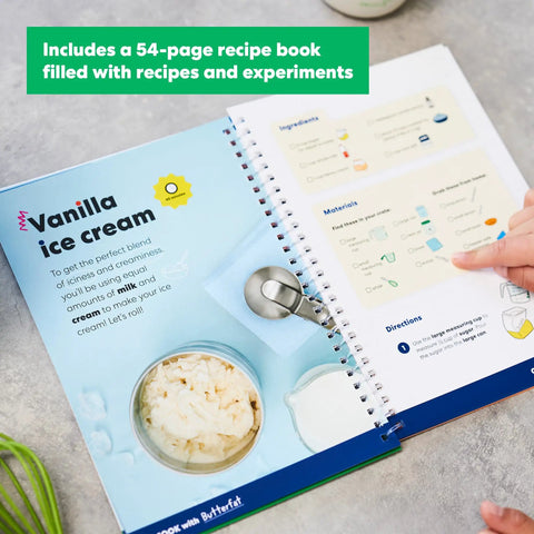 Open recipe book from Science Of Cooking Ice Cream Kit For Kids: DIY Hands On Kitchen Chemistry Project To Learn Real Ice Cream And Sorbet With Everyday Kitchen Ingredients, A Fun STEM Gift For Ages 5 Plus