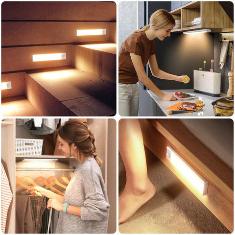 Image of Six Pack Wireless Under Cabinet Lights With 50 LEDs Motion Sensor Rechargeable Magnetic Closet Lights Battery Operated Easy Under Counter Kitchen Wardrobe Stair Lighting Warm White Glow installed in various settings like kitchens, closets, and staircases.