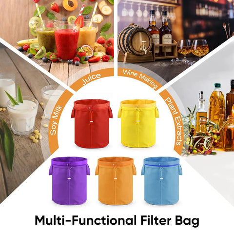 Multi-functional Five Gallon Filter Bag Set With Handles Five Pack Featuring 25 73 120 160 220 Micron Mesh Bags and color-coded labels
