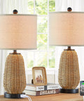 Rattan Style Table Lamps Set Of 2 With Touch Dimming 3 Way Brightness USB Ports and AC Outlet on wooden table