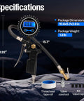 Specifications of Two Pack Digital Tire Inflator With Pressure Gauge And Backlit Display For Nite Use, includes components shown.