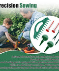 Mother and child using 7 Piece Seed Sowing Dispenser Set with handheld seed dispenser and 12 hole planter tool outdoors