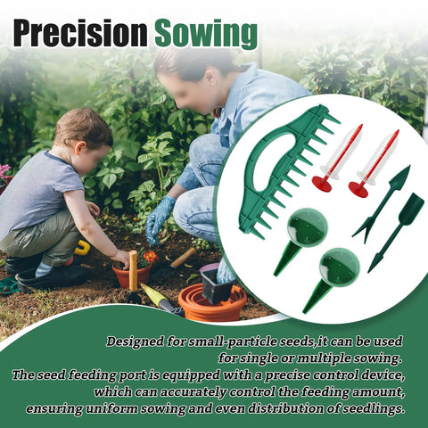 Mother and child using 7 Piece Seed Sowing Dispenser Set with handheld seed dispenser and 12 hole planter tool outdoors