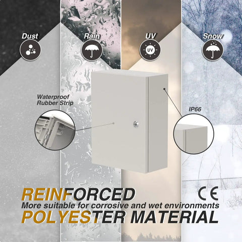 IP66 Waterproof Electrical Enclosure Box 16x16x8 Inches highlighted with weather resistance features and reinforced polyester material