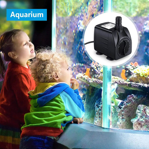 Two children viewing aquarium with Go To Ultra Quiet Submersible Fountain Pump 220 GPH 15W displayed