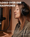 Woman using DT 770 Studio 80 Ohm Closed Back Over Ear Wired Studio Headphones For Home Recording And Podcast Monitoring
