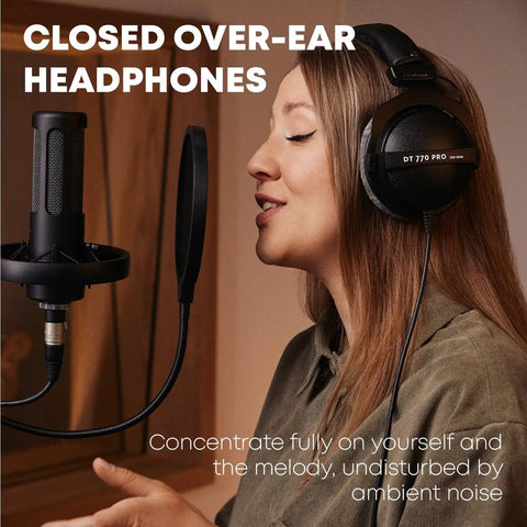 Woman using DT 770 Studio 80 Ohm Closed Back Over Ear Wired Studio Headphones For Home Recording And Podcast Monitoring