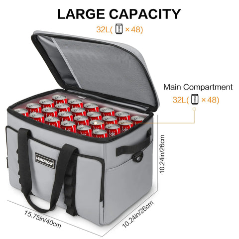 Insulated Cooler Bag Collapsible 32L Large Travel Cooler On The Go for Beach and Camping with open lid showing 48 cans inside