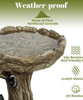 23 Inch Tall Pedestal Bird Bath With Woodland Tree Trunk Decor made of fiber reinforced concrete, weatherproof design.