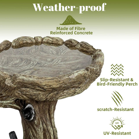 23 Inch Tall Pedestal Bird Bath With Woodland Tree Trunk Decor made of fiber reinforced concrete, weatherproof design.