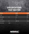 Specifications table for High Flow Refrigerant Hose for HVAC One Half Inch to One Quarter Inch Fittings Six Feet Long