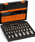 38 Piece Bolt Extractor Kit For Damaged Nuts And Bolts in a case, Nut Extractor Socket Set With 1 Quarter Inch 3 Eighth Inch 1 Half Inch Drive