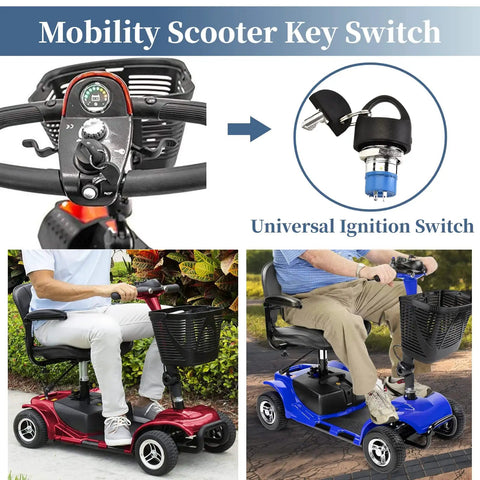 Ignition Switch With Key For Mobility Scooter Replacement Start On Off Keyed Switch With 2 Keys Compatible With Go Go Victory Series And Revo 2 Spare Keyed Start Button For Power Wheelchairs shown on scooter.