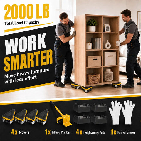 Heavy Duty Furniture Movers For Heavy Objects Set Includes 4 Triangular Moving Dollies with silent wheels, max load 2000 lbs, used for moving a bookshelf.