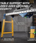 Detail of Hella Heavy Duty Collapsible Welding Table 1100 Lb Foldable Steel Workbench with reinforced steel hinges and wide-stance legs.