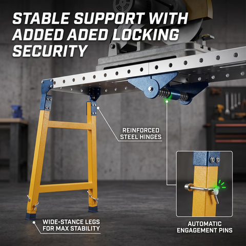 Detail of Hella Heavy Duty Collapsible Welding Table 1100 Lb Foldable Steel Workbench with reinforced steel hinges and wide-stance legs.