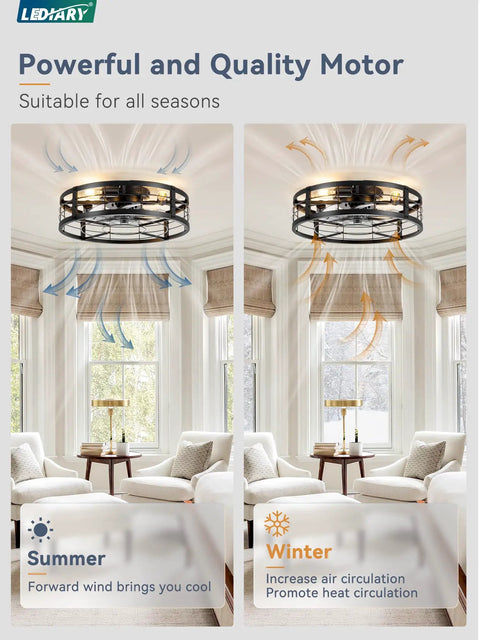 20 Inch Caged Ceiling Fan With Light And Remote, Low Profile Flush Mount Fandelier In Black, shows airflow for summer and winter.