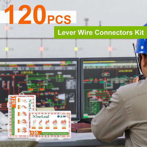120 Piece Lever Wire Connector Kit For Home Wiring And Lighting packaging in front of control monitors, engineer on side