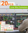 120 Pcs Lever Wire Connectors Kit With 1 2 3 4 5 Port Options DIY Friendly Push In Nuts displayed in front of control screens