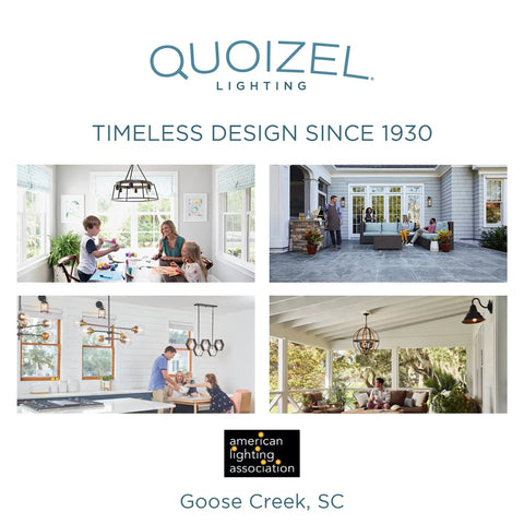Collage of various Quoizel lighting fixtures in modern home settings.