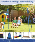 Children playing on Heavy Duty 550lbs Metal Swing Set for Backyard Built Like a Tank Full Steel A Frame Swing with dog nearby.
