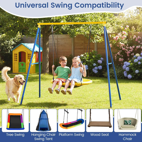 Children playing on Heavy Duty 550lbs Metal Swing Set for Backyard Built Like a Tank Full Steel A Frame Swing with dog nearby.
