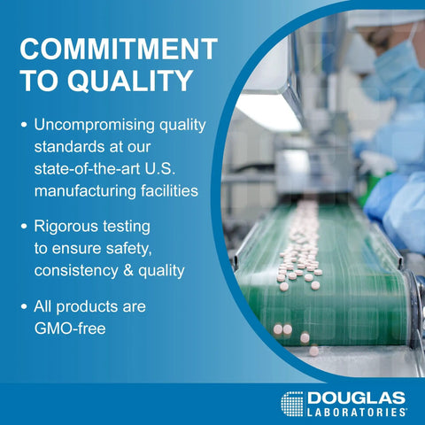 Manufacturing facility with pills on a conveyor belt, highlighting quality commitment by Douglas Laboratories.