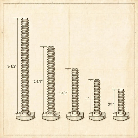 Illustration of five drop-in T-slot bolts with various lengths for Drop-In T-Slot Bolts Hardware Kit With 60 Pieces, Knobs And Washers.