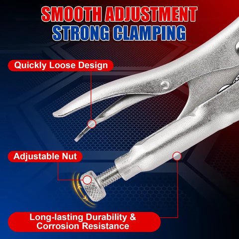 Close-up of Six Pack Six Inch Locking C Clamps Set With Beefy Grip Locking Pliers Adjustable Clamp Quick Release Swivel Pads High Strength CR-V Steel