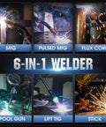Image showcasing Firstess SP200 6 In 1 MIG TIG Flux Core Welder With 200A Output, displaying MIG, Pulsed MIG, Flux Core options.