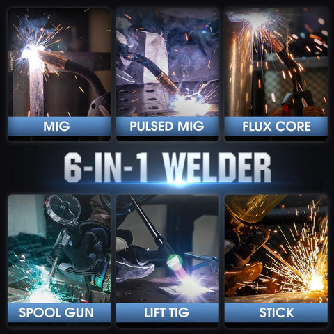Image showcasing Firstess SP200 6 In 1 MIG TIG Flux Core Welder With 200A Output, displaying MIG, Pulsed MIG, Flux Core options.