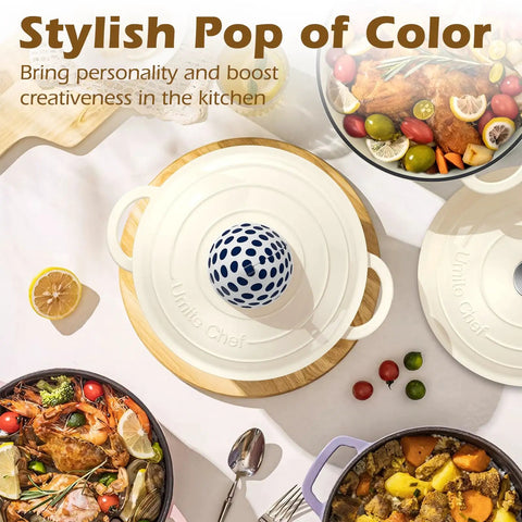 Top view of Cream White Enameled Cast Iron Dutch Oven 5 Quart With Lid And Cotton Potholders on a table with food items.