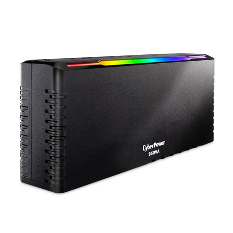 GX950UC Gaming UPS Battery Backup And Surge Protector For Gaming PCs Consoles And Streaming Setups With 950VA 510W Eight Outlets RGB Lighting USB C And USB A Charging UL Certified black rectangular unit with RGB lighting