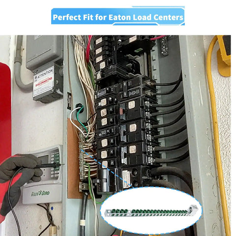 Electrician installing 21 Terminal Grounding Bar Kit For BR And CH Series Load Centers in an electric panel, close-up view