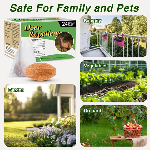 36 Pack Deer And Rabbit Repellent For Outdoor Gardens And Lawns Keeps Plants Safe From Browsing With Humane Mint Scent Deterrent For Plants Flowers Vegetables Trees And More, showing packaging and usage areas