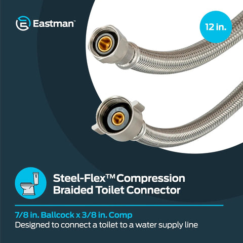 12 Inch Flexible Toilet Connector With 7 Eighth Inch Ballcock To 3 Eighth Inch Compression, Stainless Steel Braided Hose