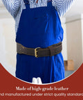 Craftsman wearing the 3 Inch Wide Long Tapered Full Grain Oiled Leather Work Belt For Heavy Duty Tasks, shown in dark brown.