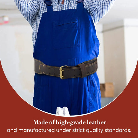 Craftsman wearing the 3 Inch Wide Long Tapered Full Grain Oiled Leather Work Belt For Heavy Duty Tasks, shown in dark brown.