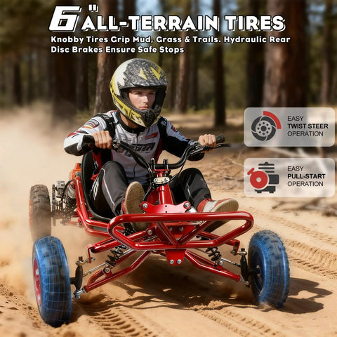 Rider on 2.2HP Gas Powered Go Kart For Adults And Kids, gnarly 2 stroke off road ride with 6 inch all terrain tires
