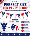 All American Stars And Stripes Flag Bunting Garland Triangle Banner For Fourth Of July Memorial Day And Patriotic Parties 5x7 Inch Flags On An 8.2 Ft Rope Durable Natural Fabric Pre Strung And Reusable Decor display.