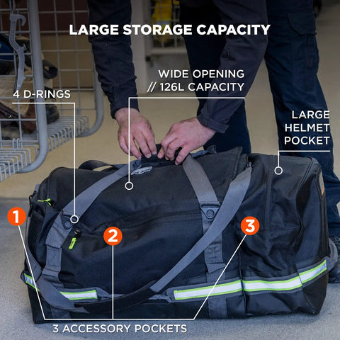 Beefy Firefighter Turnout Gear Duffel Bag For Fire, Fall Protection And Sport Equipment, Red Camo Large showing storage features.