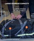 Person demonstrating features of Arsenal 5008 Firefighter Turnout Gear And Safety Duffel Bag with large storage, pockets, and handles.