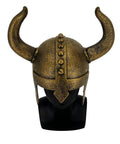 Kids Viking Horned Helmet For Costume Play LARP And Halloween, bronze PVC, kid-size, front view on display stand.
