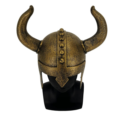 Kids Viking Horned Helmet For Costume Play LARP And Halloween, bronze PVC, kid-size, front view on display stand.