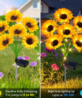 Solar Garden Lights Floral LED Outdoor Decor Waterproof Backyard Party Accent Lights For Yard Pathway And Flower Beds, Easy Setup, Energy Saving Nighttime Vibes with sunflower design during day and night.