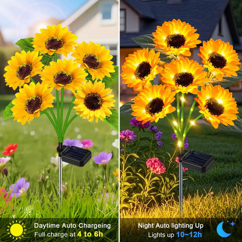 Solar Garden Lights Floral LED Outdoor Decor Waterproof Backyard Party Accent Lights For Yard Pathway And Flower Beds, Easy Setup, Energy Saving Nighttime Vibes with sunflower design during day and night.