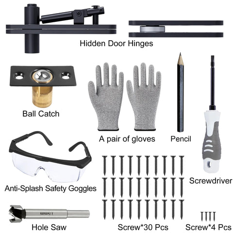Heavy Duty Hidden Door Hinge By AURIXUS With 573 Lb Capacity shown with ball catch, gloves, pencil, goggles, and screws.