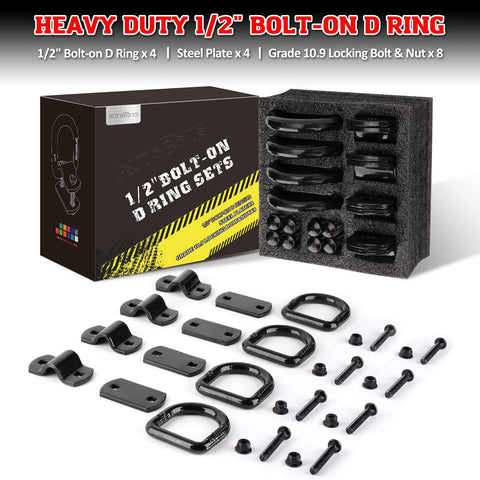 Heavy Duty Bolt On Forged D Ring Tie Down Anchors Tough As Nails With 12,000 Pound Break Strength for Trailers Trucks and Cargo Tie Downs Pack of 4 Black Easy Install No Welding Required, displayed in packaging with accessories visible.