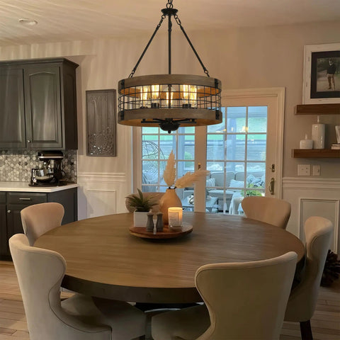Dope Rustic Farmhouse 19 Inch Chandelier With Wood And Black Metal Arms, 5 Light Pendant Ceiling Fixture illuminating dining room.